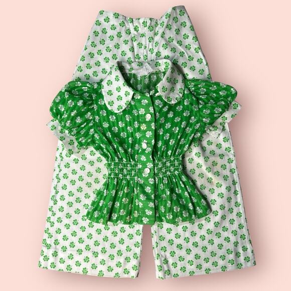 Vtg Cinderella Shamrock Green Blouse White Wide Leg Pants Girls Small Outfit Set - Picture 1 of 10